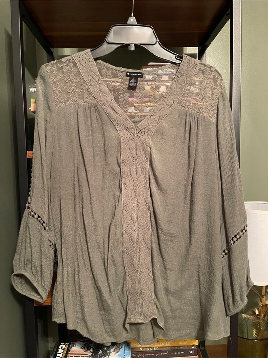 new directions Tops - new directions Olive Green Lace Yoke Peasant Blouse